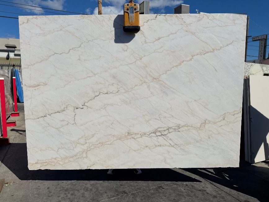 White marble slab with pink veining in los angeles slab yard