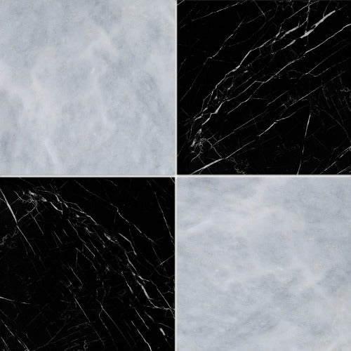 Checkerboard Bianco Lasa & Black Marble Tile