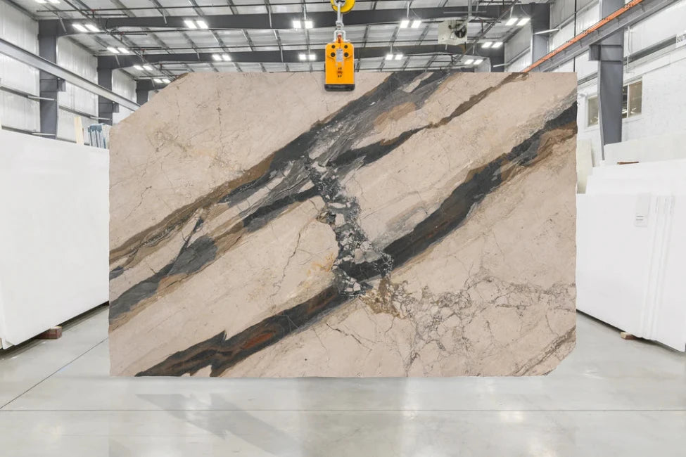 Breccia Fantastica honed marble slab with deep brown and grey breccia pattern in slab yard