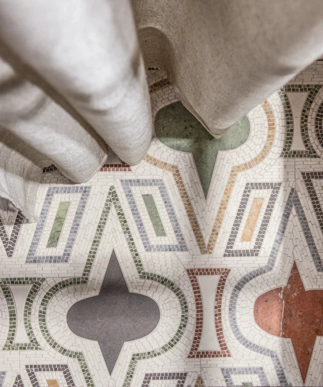 Artistic Tile Casino Royale By Donghia Bianco Antico Waterjet Mosaic Honed Stone