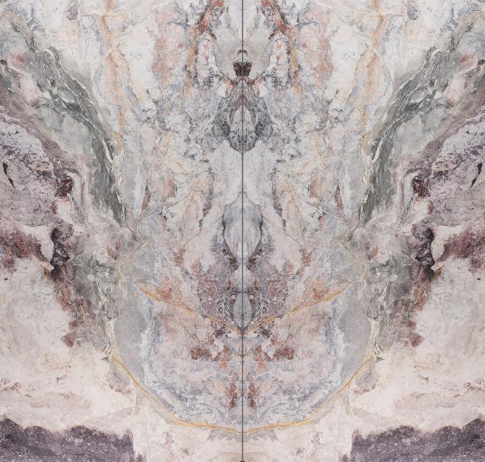 Cherry Blossom marble slab bookmatched honed finish with pink, burgundy, and blue veining, quarried in Cambodia