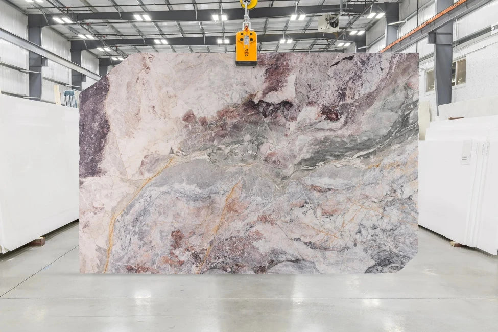 Cherry Blossom marble slab honed finish with pink, burgundy, and blue veining, quarried in Cambodia and available in Los Angeles