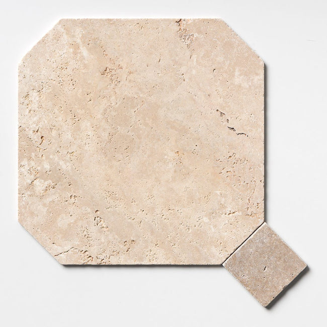 Monarch Octagon Checkerboard Tile in Cream & Bruno Travertine Tumbled 16" x 16"