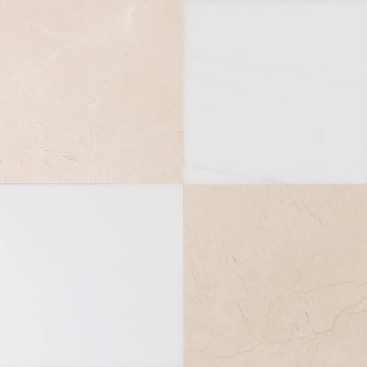 Checkerboard Crema Marfil & Asian Statuary Marble Tile