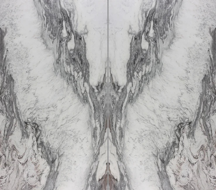 book matched white slab with grey veining