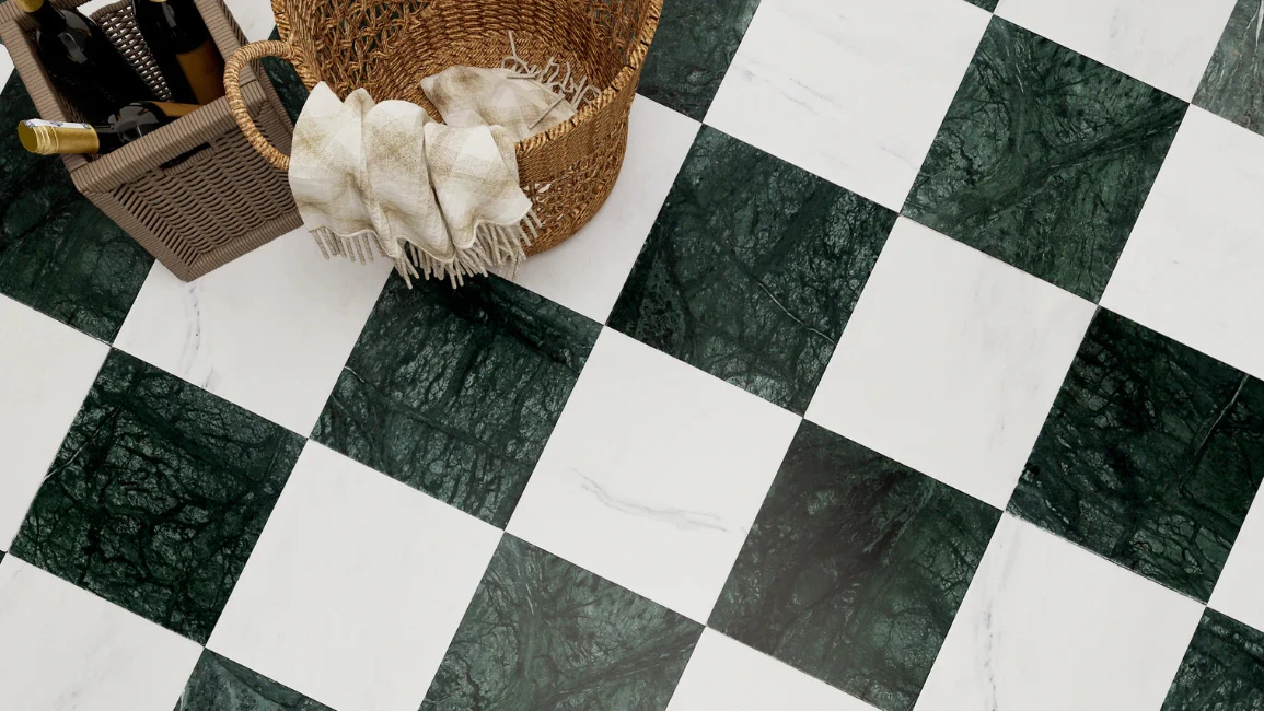 Pietra Collection in Empress Green Tumbled Marble Tile 12" x 12"