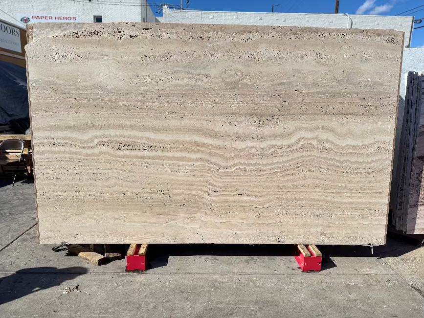 Beige travertine slab in los angeles slab yard