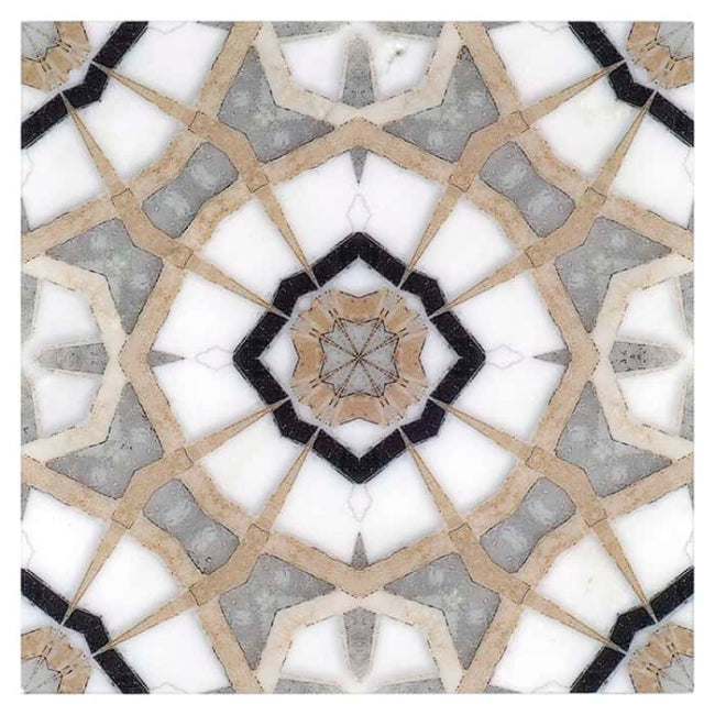 Decorative tile with geometric pattern featuring black, beige, and gray colors.
