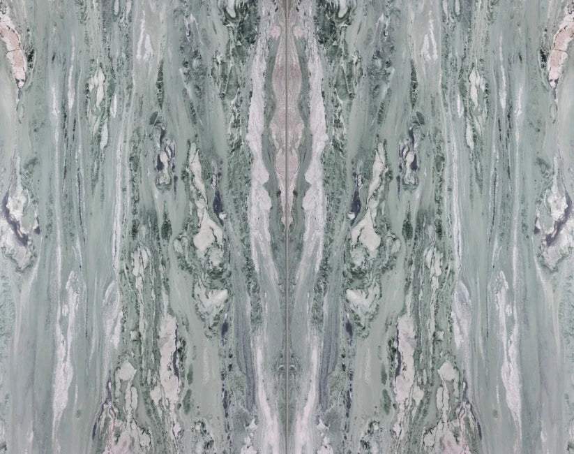 Bookmatched Green marble with white and grey veining