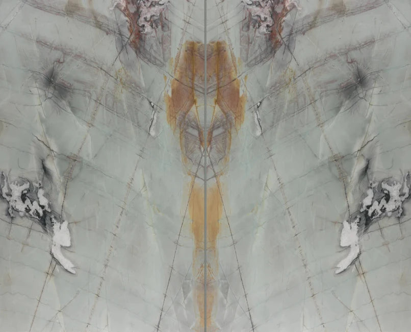 Bookmatched green quartzite slab with grey and orange veining