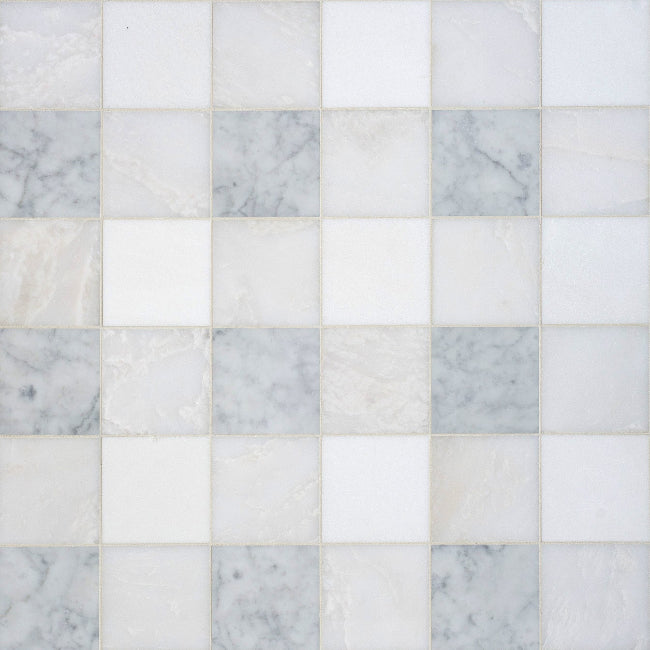 Closeup of white and light grey marble checkerboard tile mosaic