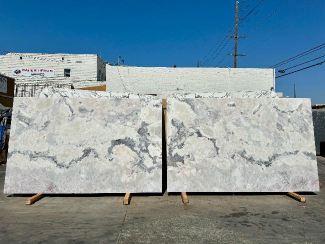 Morning White bookmatched quartzite slab polished finish with pink and grey swirls, in stock at Los Angeles slab yard