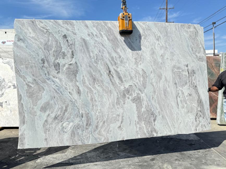 Pink Ice quartzite slab polished finish with white, grey, and taupe swirls, available at Los Angeles slab yard 123x75