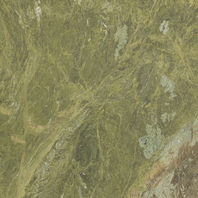 A close-up of a green quartzite slab with an abstract, organic pattern.