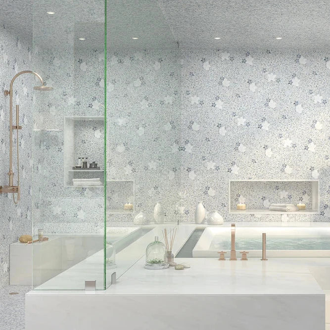 blue marble mosaic shower backsplash tile