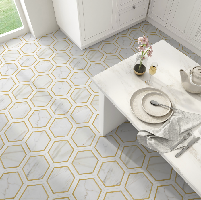 Dual Hexagon-B Marble With Brass Mosaic