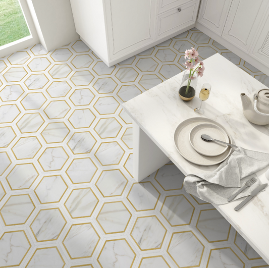 Dual Hexagon-B Marble With Brass Mosaic