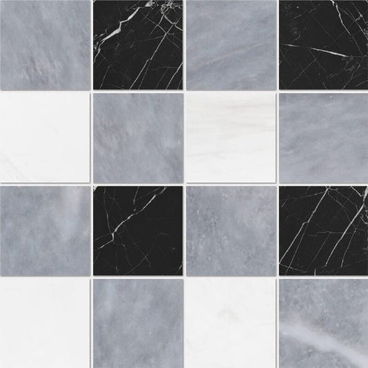 Soho Patchwork Marble Mosaic in Bianco Lasa Light & Blanco Nieve & Black 4" x 4"