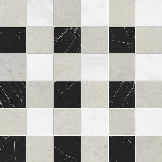 Soho Patchwork Marble Mosaic in Serene Limestone & Blanco Nieve & Black 2" x 2"
