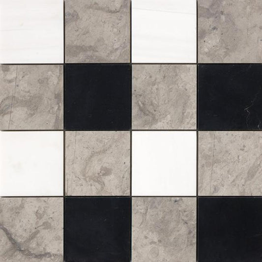 Soho Patchwork Marble Mosaic in Serene Limestone & Blanco Nieve & Black 4" x 4"