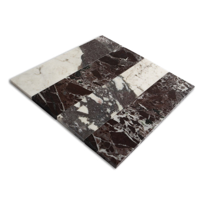 Strata Striped Marble Mosaic in Calacatta Viola & Rosso Levanto 3" x 12"
