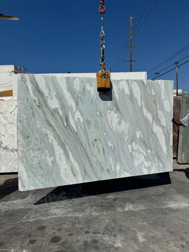 Tiffany Blue marble slab polished finish with green and blue hues, available at Los Angeles slab yard