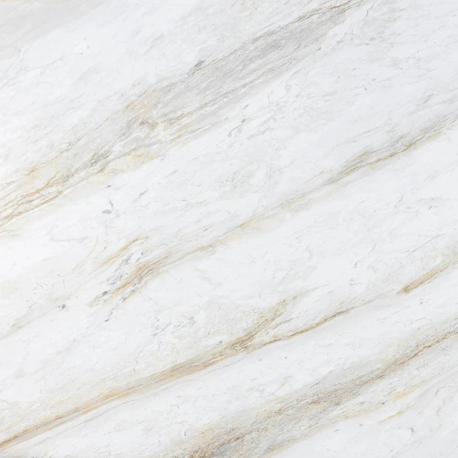 Honed Volakas Gold white dolomite slab with diagonal gold, grey, and light brown veins