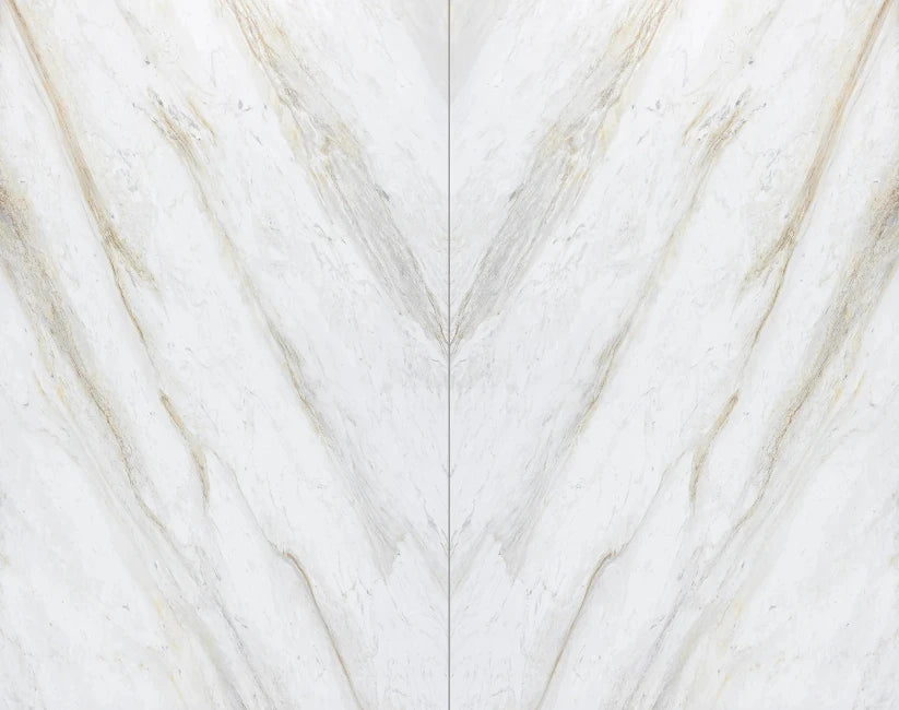 Honed Volakas Gold white dolomite slab with diagonal gold, grey, and light brown veins