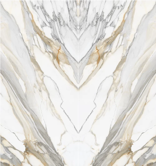 Bookmatched white marble look porcelain slab with bold veining