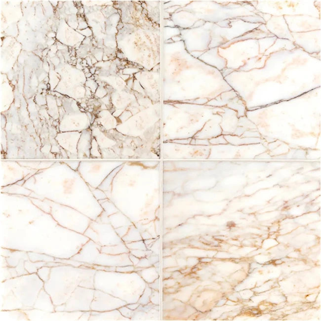 Four square marble tiles with gold and brown marble pattern