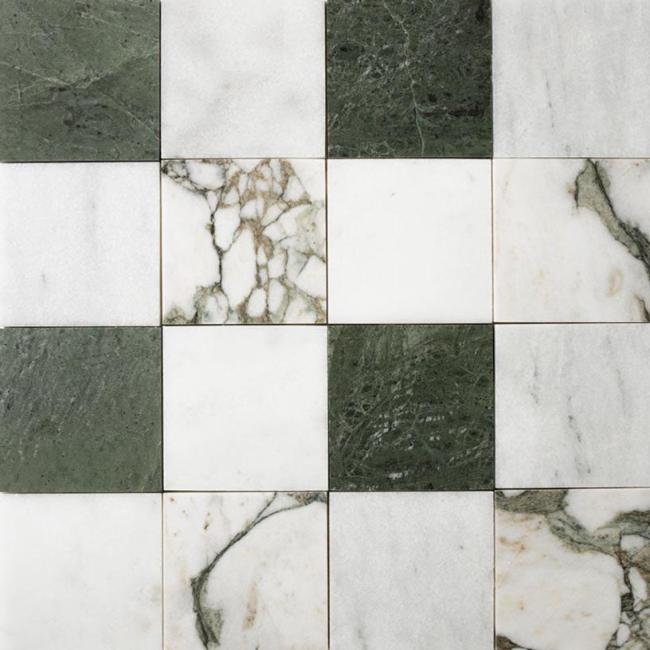 Soho Patchwork Marble Mosaic in Alpi Verde & Snow White & Calacatta Green 4" x 4"