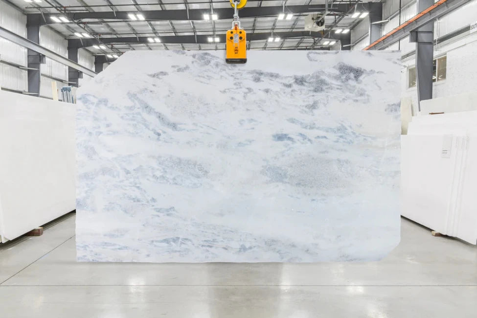 Blue Sky dolomite slab honed finish with soft blue-grey veining, quarried in Namibia and available at Marble & Tile USA