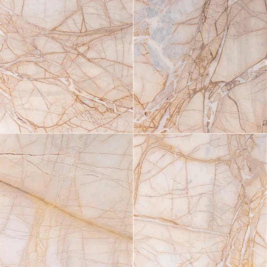 Dolomiti Sunset marble tile with polished finish, creamy white background and fiery orange veining