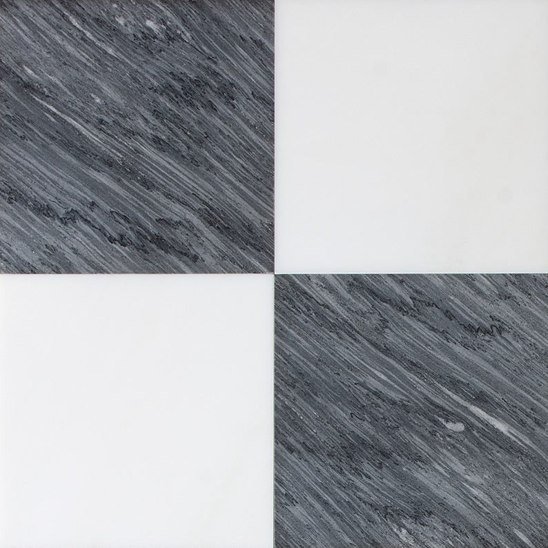 Checkerboard Lunar Grey & Asian Statuary Marble Tile