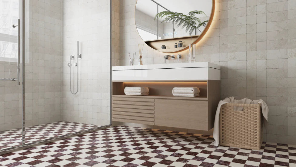 Pietra Collection in Aurora di Vino Tumbled Marble Tile 4" x 4"