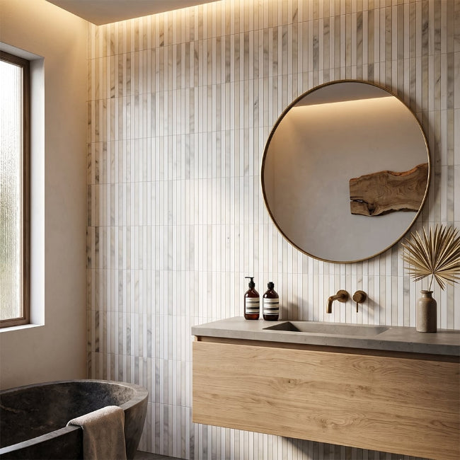 Strata Striped Marble Mosaic in Bianco Nieve 12" x 12"