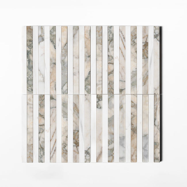 Strata Striped Marble Mosaic in Bianco Nieve & Calacatta Green 12" x 12"
