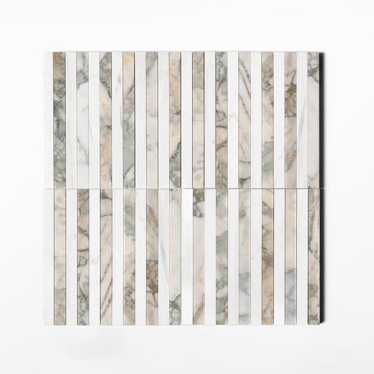 Strata Striped Marble Mosaic in Bianco Nieve & Calacatta Green 12" x 12"