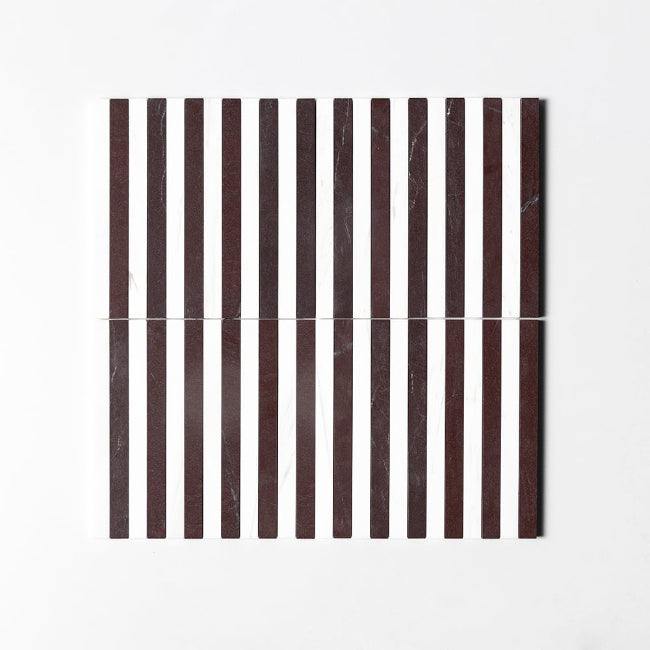 Strata Striped Marble Mosaic in Bianco Nieve & Red 12" x 12"