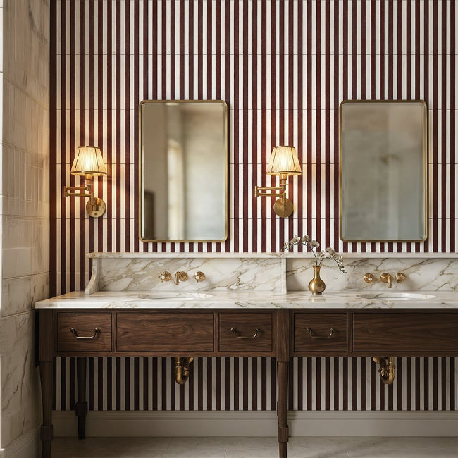 Strata Striped Marble Mosaic in Bianco Nieve & Red 12" x 12"