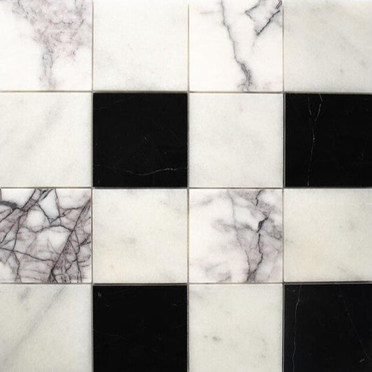 Soho Patchwork Marble Mosaic in Biarritz & Lilac & Black 4" x 4"