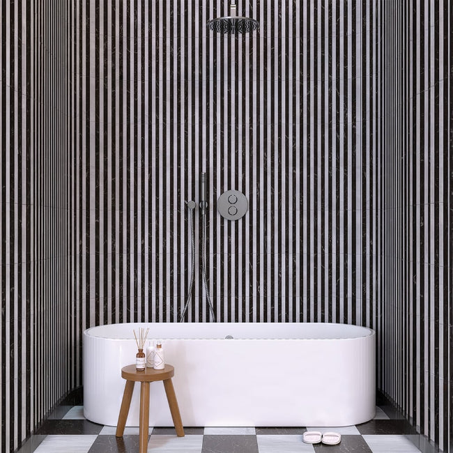 Strata Striped Marble Mosaic in Black & Gris 12" x 12"