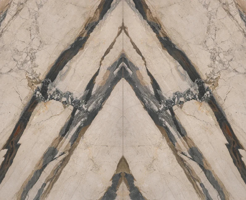 Bookmatched Breccia Fantastica Italian marble slab in honed finish