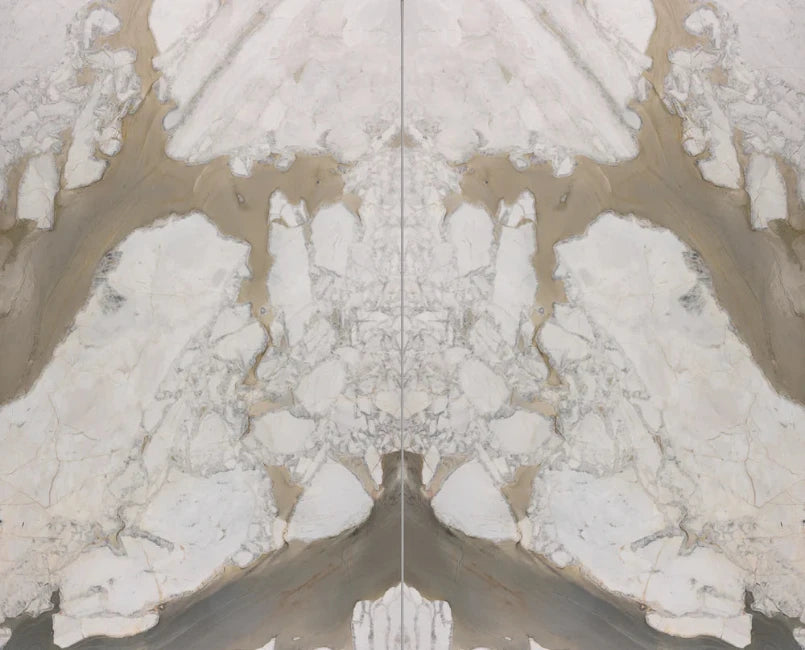 Bookmatched marble slab white and grey veining