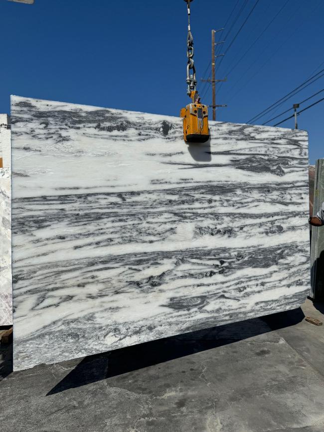 Calacatta Snow White vein cut marble slab polished finish with grey veining, in stock at Los Angeles slab yard