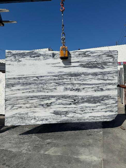 Calacatta Snow White vein cut marble slab polished finish with grey veining, available at Los Angeles slab yard