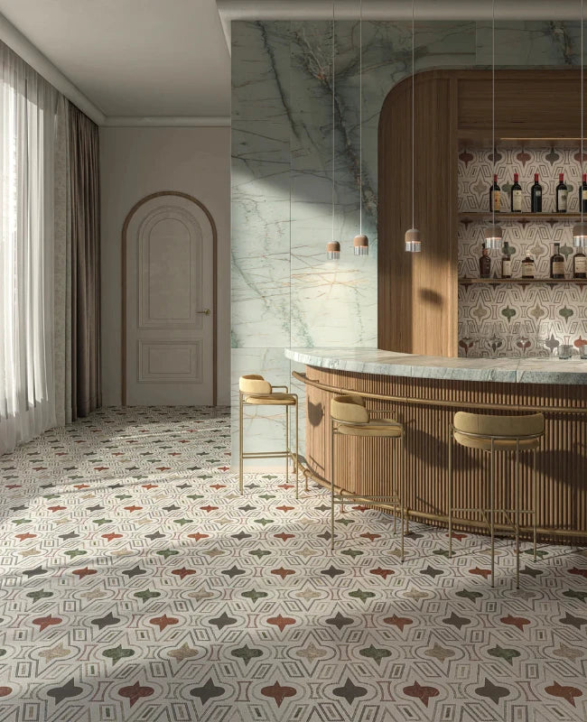 Artistic Tile Casino Royale By Donghia Bianco Antico Waterjet Mosaic Honed Stone