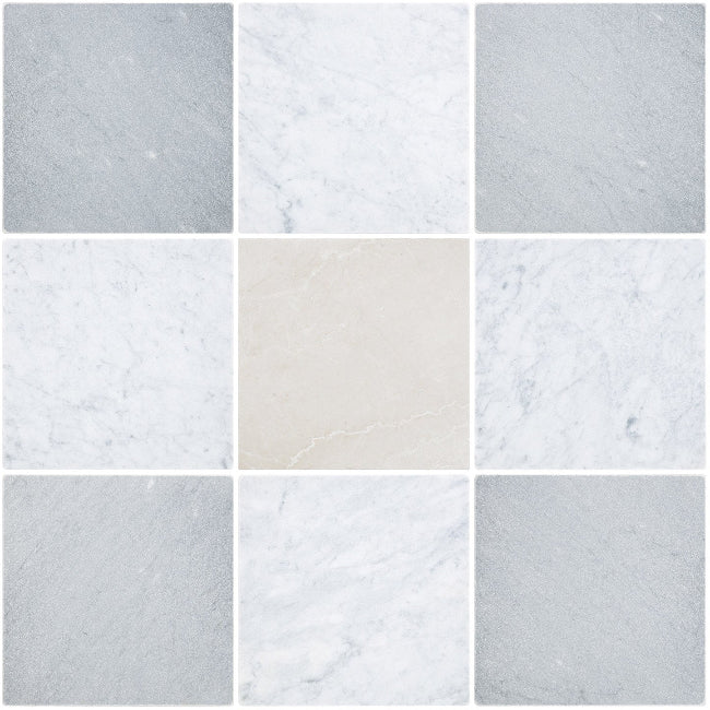 Closeup of grey, white and beige checkerboard tiles in marble 