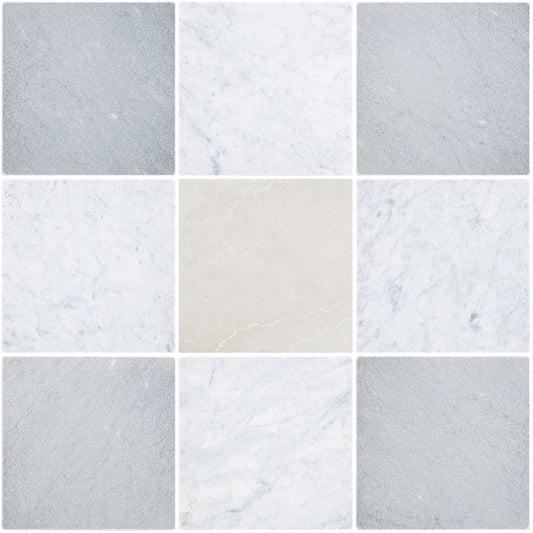 Closeup of grey, white and beige checkerboard tiles in marble 