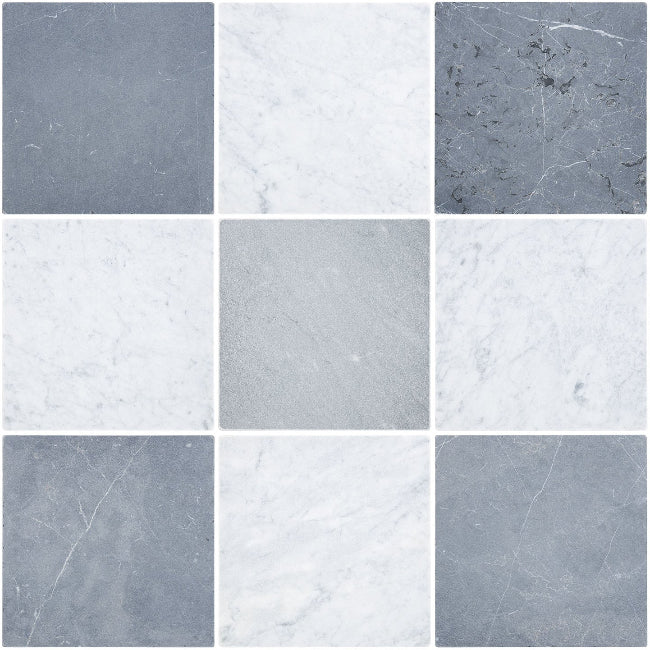 Closeup of grey and white marble checkerboard tiles